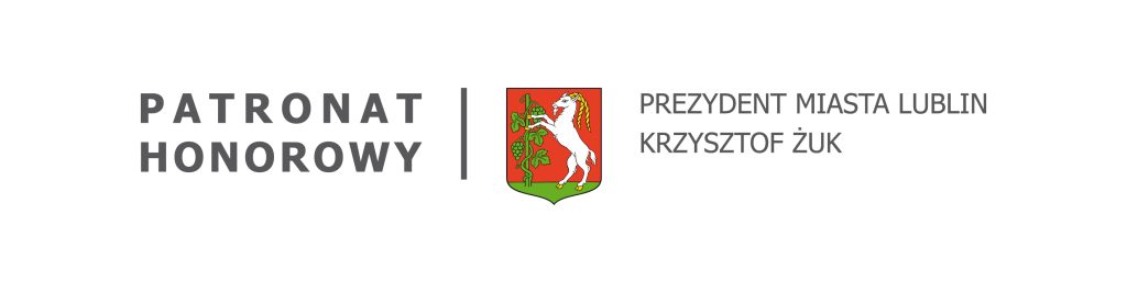 Logotyp Patronat Honorowy Prezydenta Miasta Lublin Krzysztofa Żuka, zawierający herb miasta